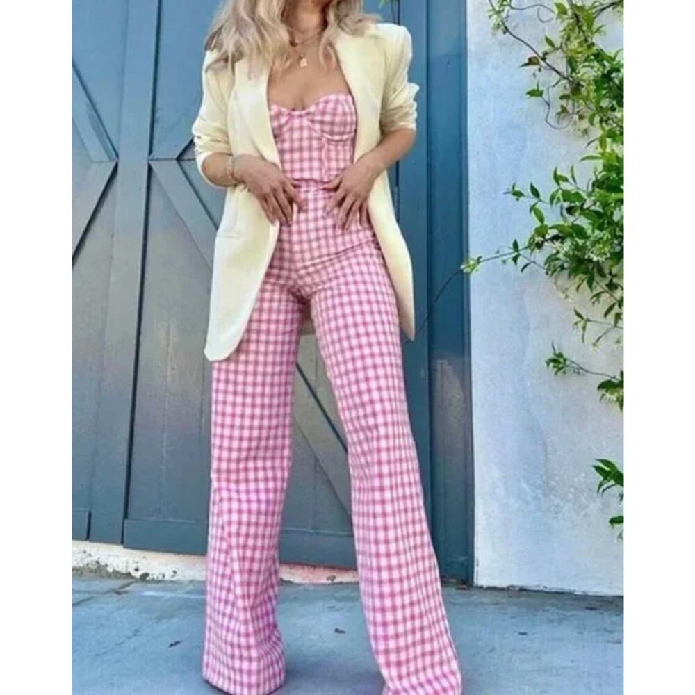 ZARA Full Length Gingham Plaid Wide Leg Pants High Rise Trouser Pink/ White - Picture 12 of 12